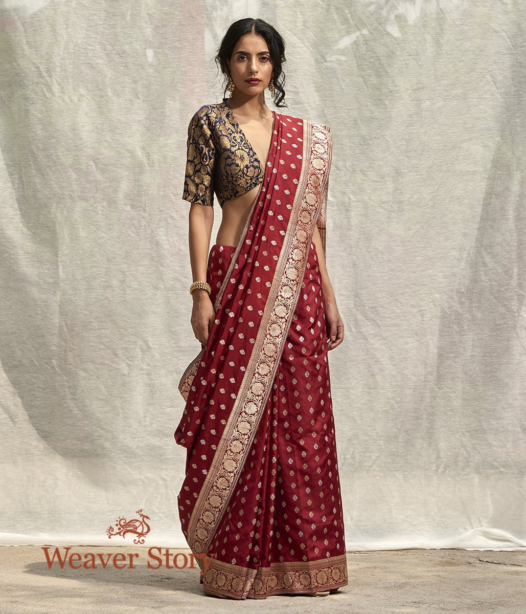 Handwoven_Wine_Banarasi_Saree_with_Kadhwa_Booti_and_Floral_Border_Woven_in_Gold_Zari_WeaverStory_02