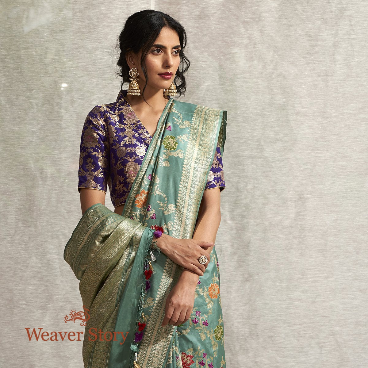 Handwoven_Sage_Green_Banarasi_Saree_with_Meenakari_Jaal_WeaverStory_01