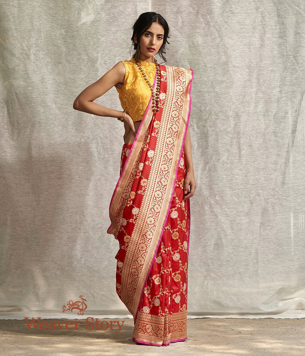 Handwoven_Chilly_Red_Banarasi_Jangla_Saree_with_Meenakari_WeaverStory_02
