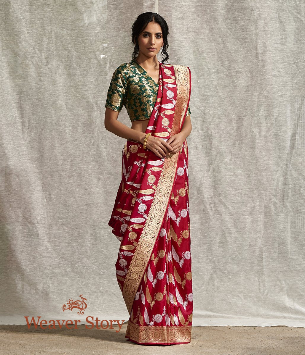 Handwoven_Ruby_Red_Banarasi_Jangla_Saree_WeaverStory_02