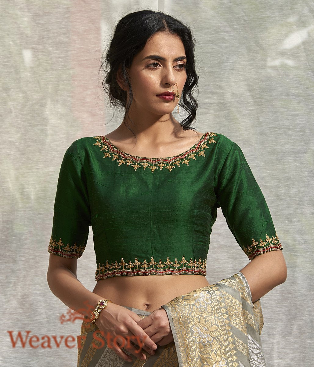 Bottle_Green_Scalloped_Zardozi_Blouse_with_Back_Boota_WeaverStory_02