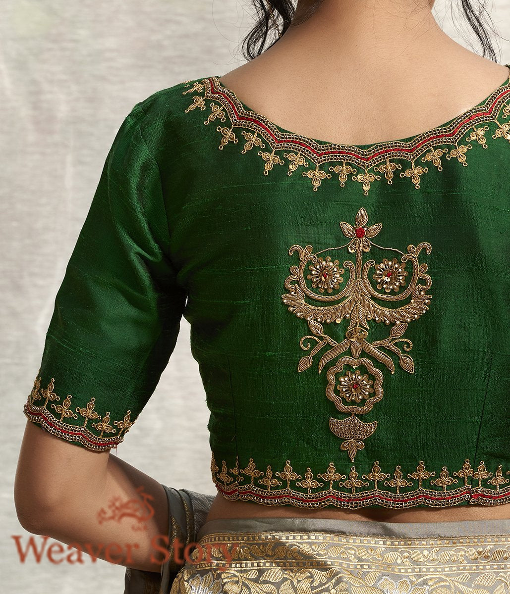 Bottle_Green_Scalloped_Zardozi_Blouse_with_Back_Boota_WeaverStory_04