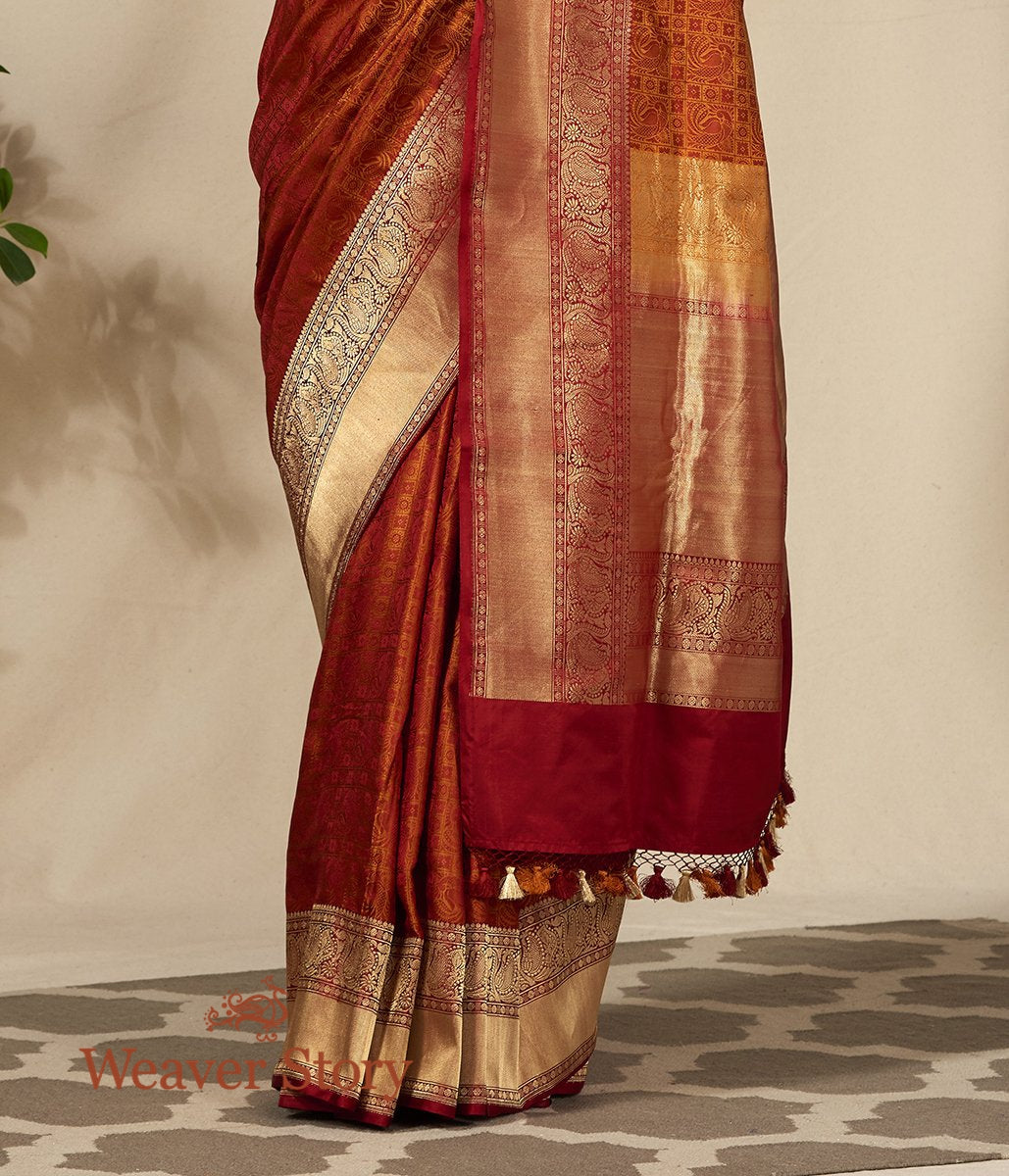 Handwoven_Mustard_and_Red_Jamawar_Saree_with_Woven_Bird_Motifs_WeaverStory_04