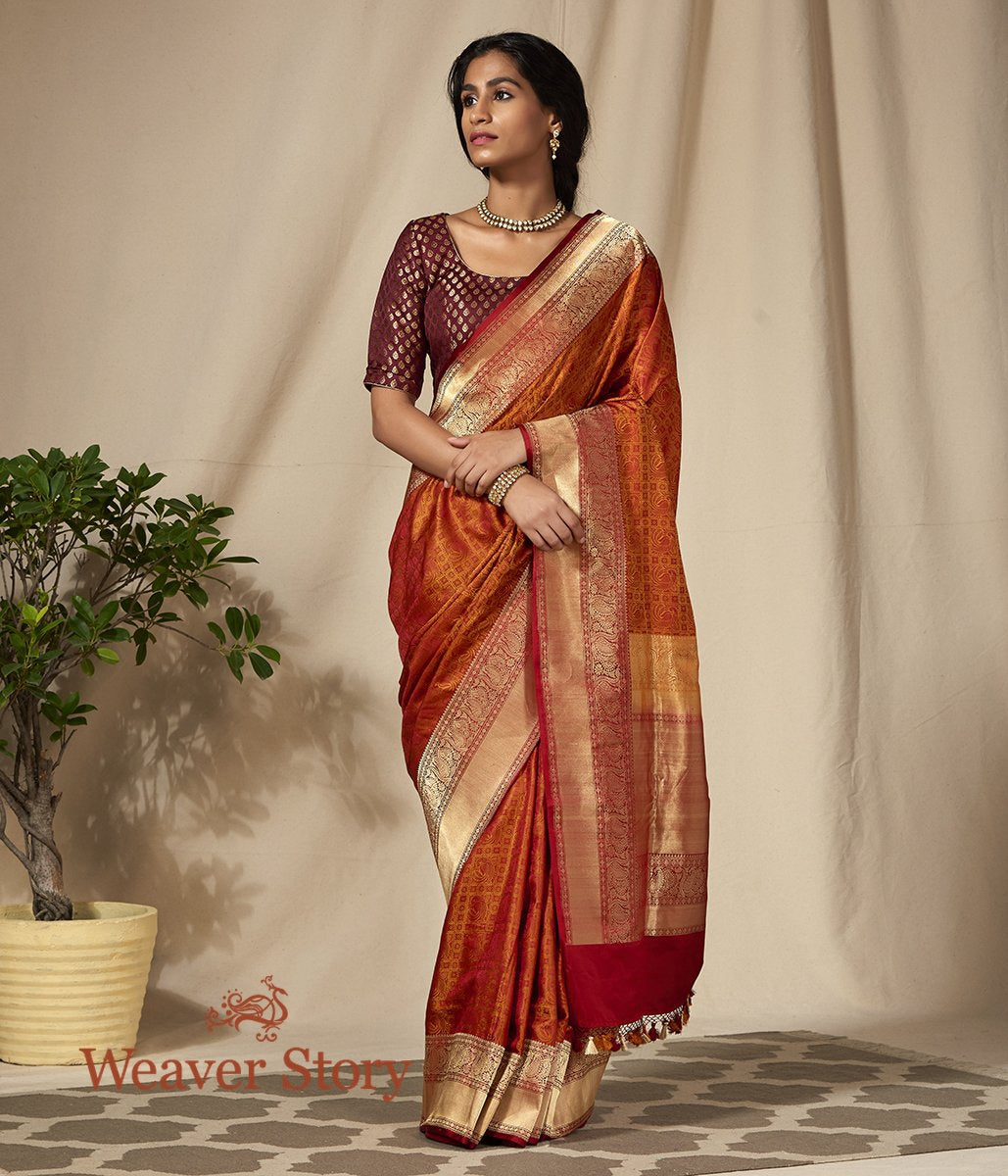 Handwoven_Mustard_and_Red_Jamawar_Saree_with_Woven_Bird_Motifs_WeaverStory_02