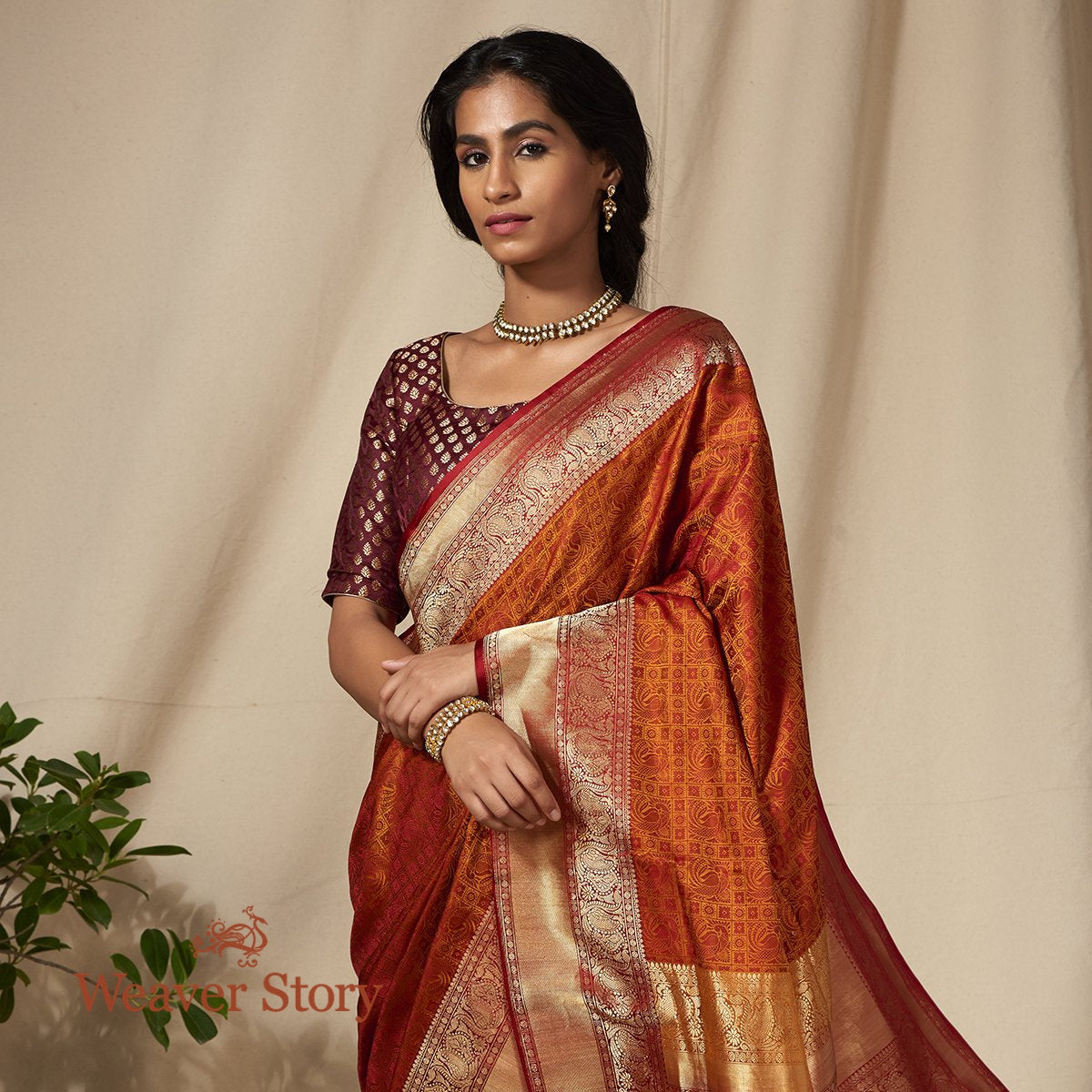 Handwoven_Mustard_and_Red_Jamawar_Saree_with_Woven_Bird_Motifs_WeaverStory_01