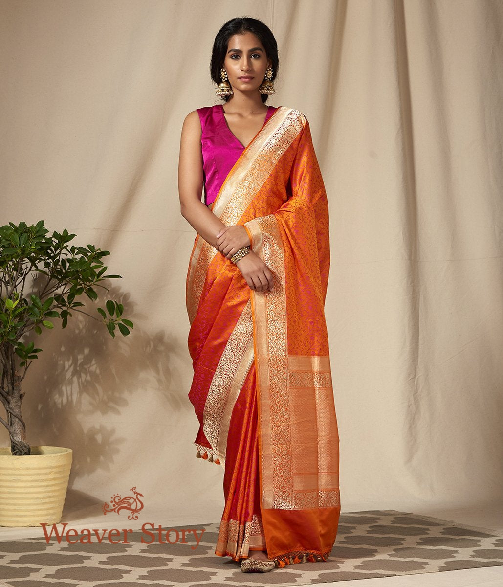 Handwoven_Orange_and_Red_Dual_Tone_Banarasi_Tanchoi_Saree_WeaverStory_02