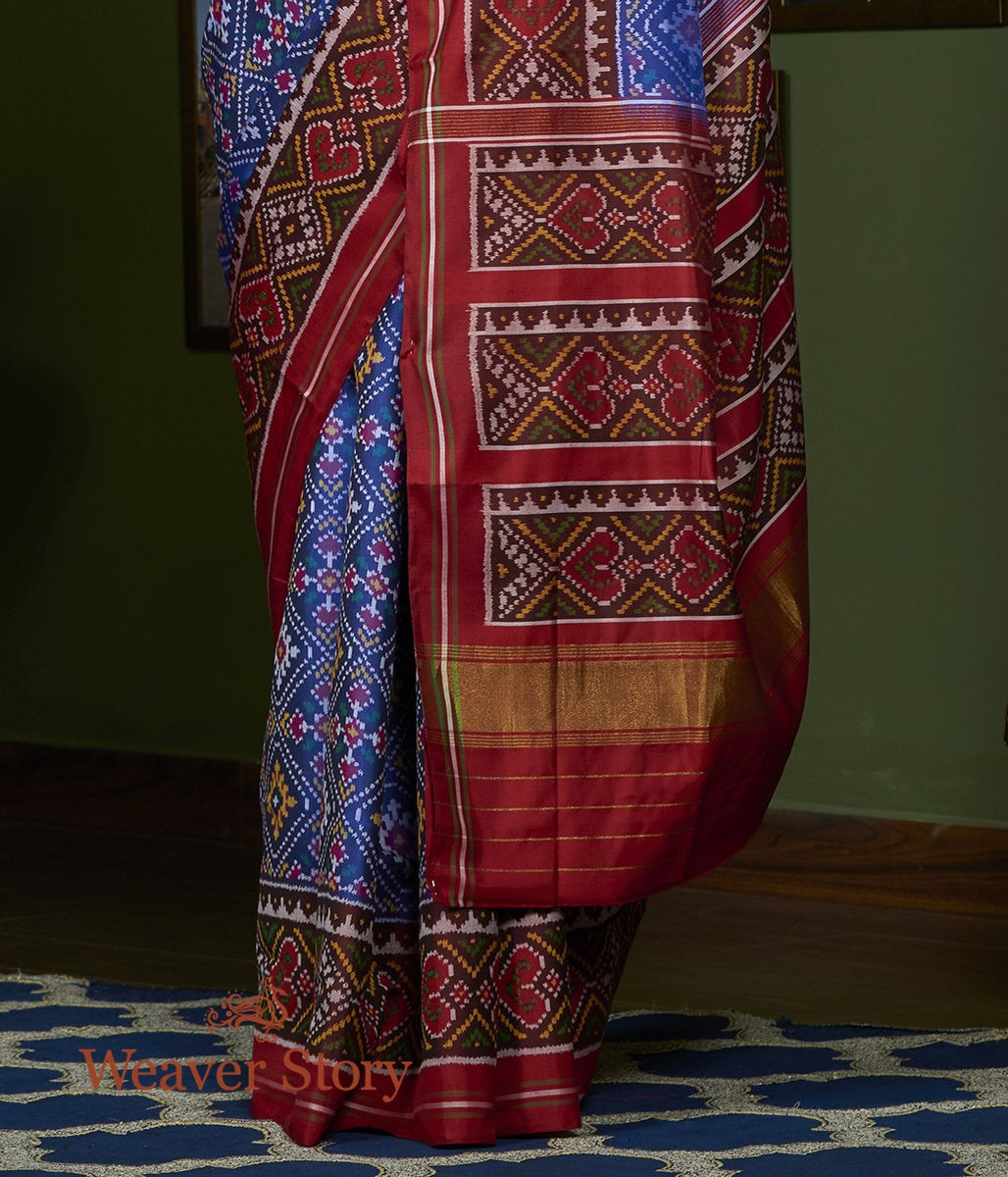 Handloom_Blue_Gujarat_Patola_Saree_with_Maroon_Border_WeaverStory_04