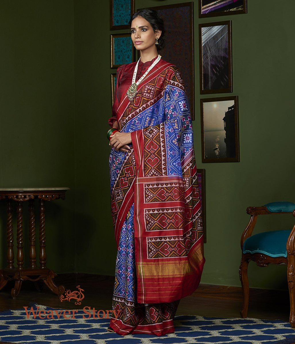 Handloom_Blue_Gujarat_Patola_Saree_with_Maroon_Border_WeaverStory_02
