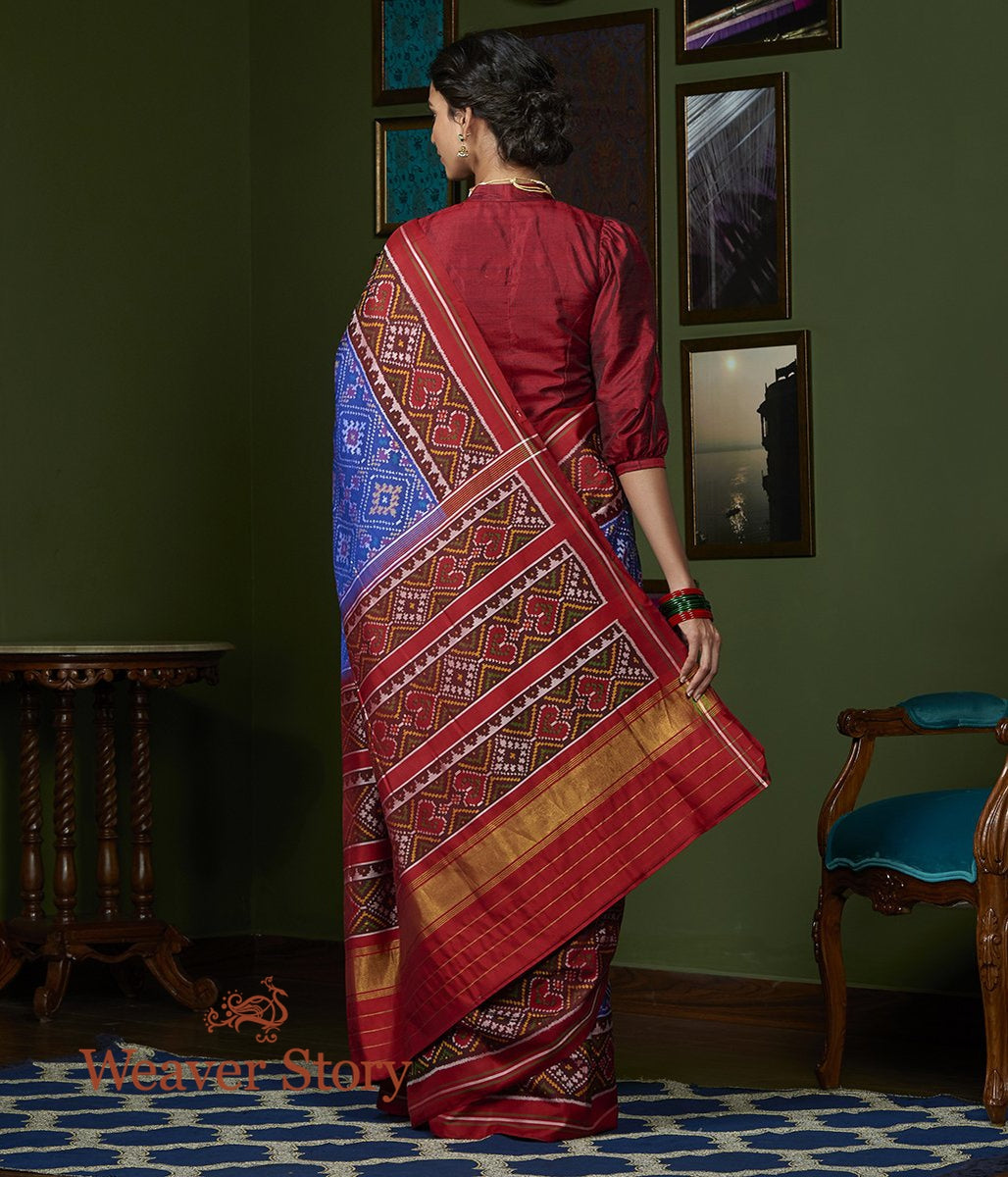 Handloom_Blue_Gujarat_Patola_Saree_with_Maroon_Border_WeaverStory_03