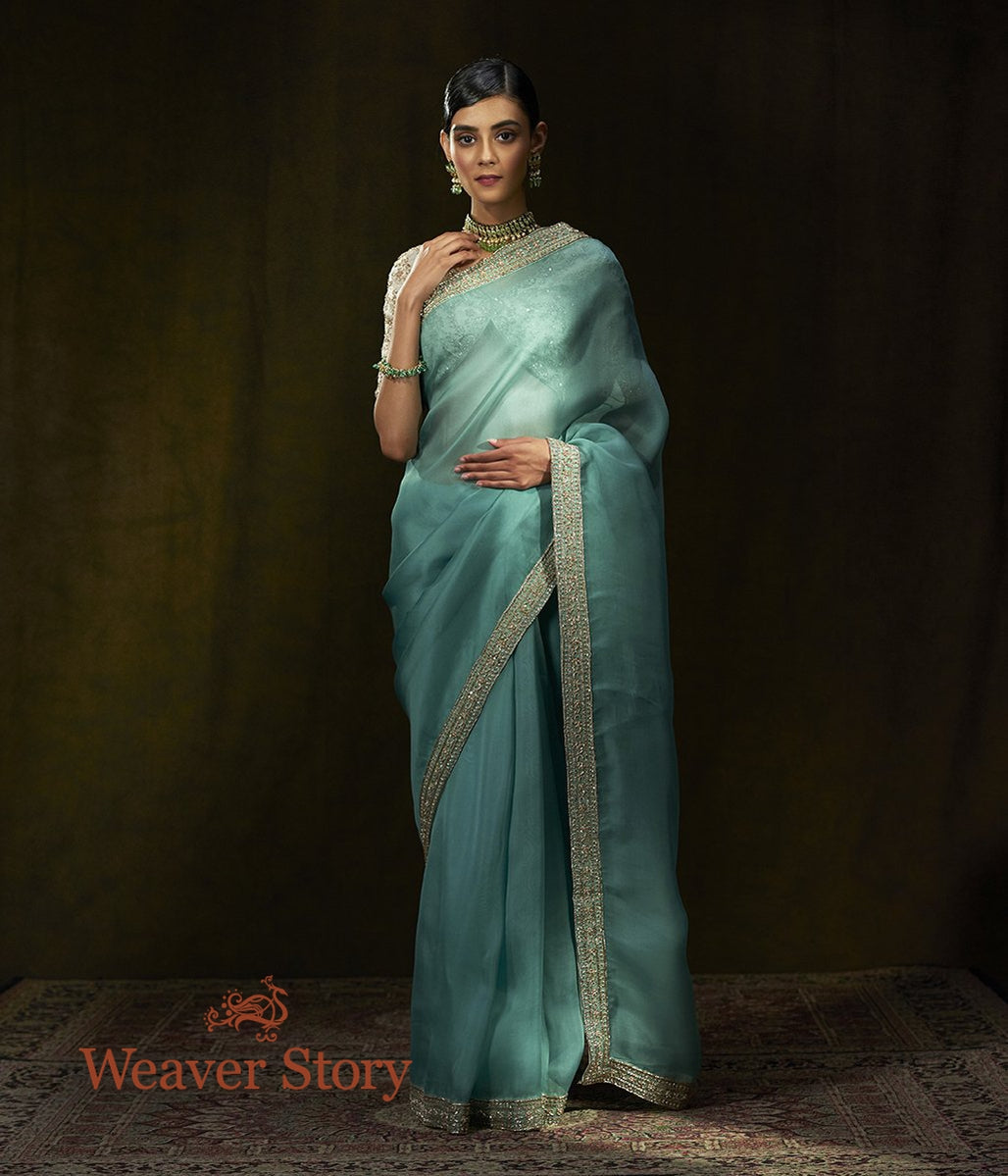 Aqua_Blue_Hand_Embroidered_Organza_Saree_with_Zardozi_Borders_WeaverStory_02