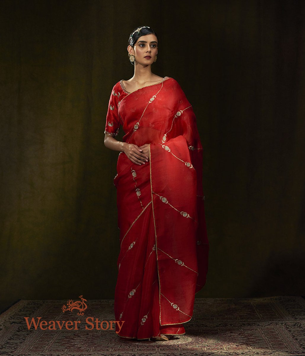 Red_Hand_Embroidered_Organza_Saree_with_Zardozi_Bel_WeaverStory_02