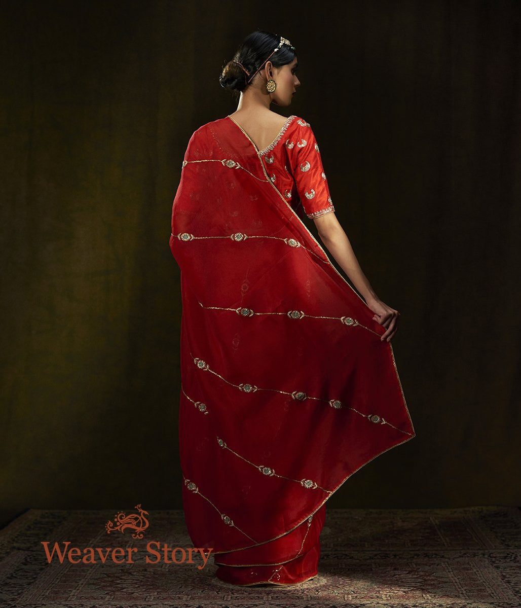 Red_Hand_Embroidered_Organza_Saree_with_Zardozi_Bel_WeaverStory_03