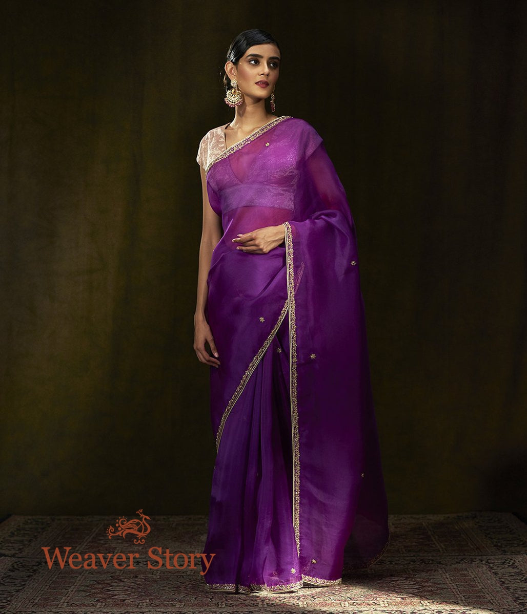 Purple_Hand_Embroidered_Organza_Saree_with_Zardozi_Border_WeaverStory_02