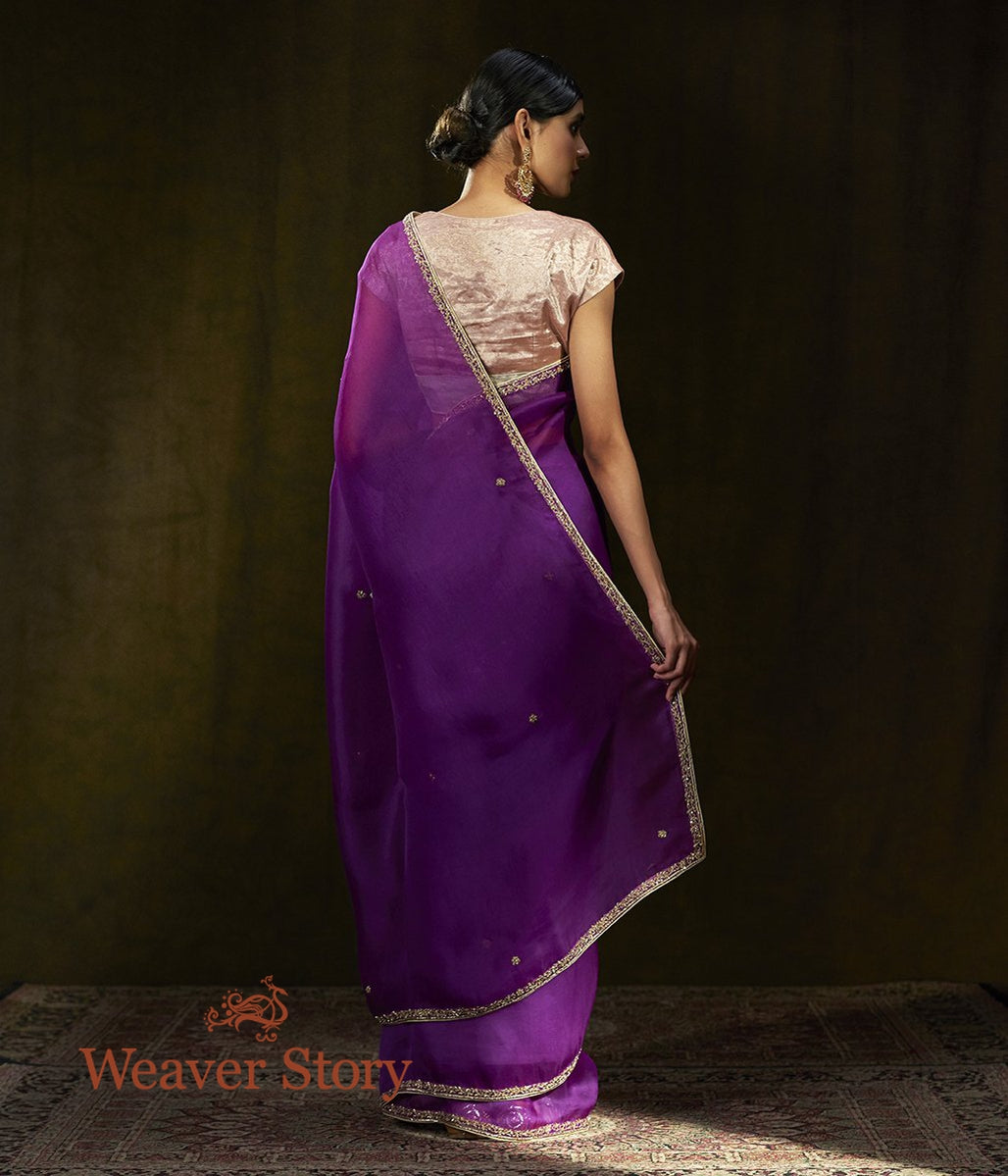 Purple_Hand_Embroidered_Organza_Saree_with_Zardozi_Border_WeaverStory_03