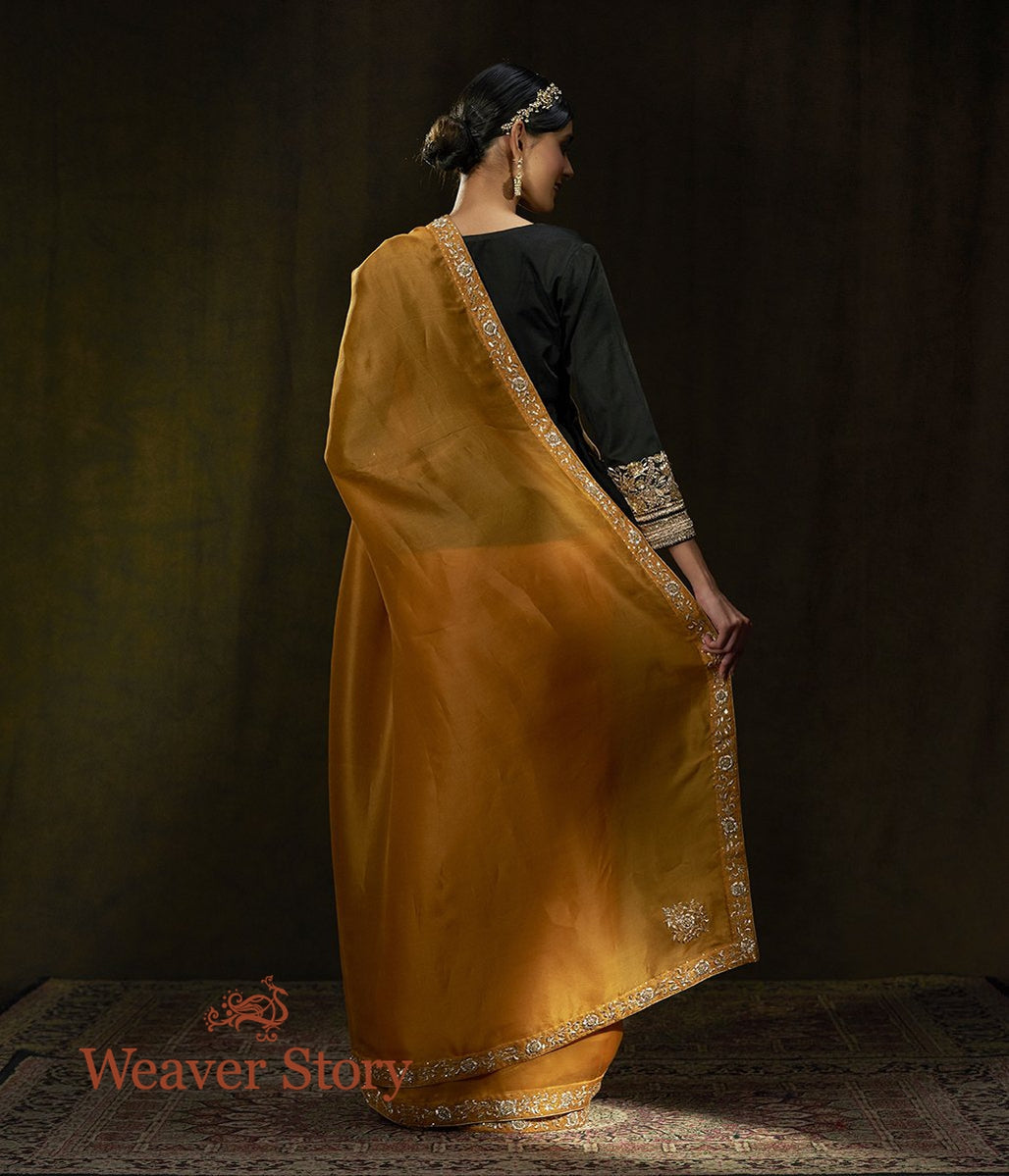 Mustard_Hand_Embroidered_Organza_Saree_with_Zardozi_Border_WeaverStory_03