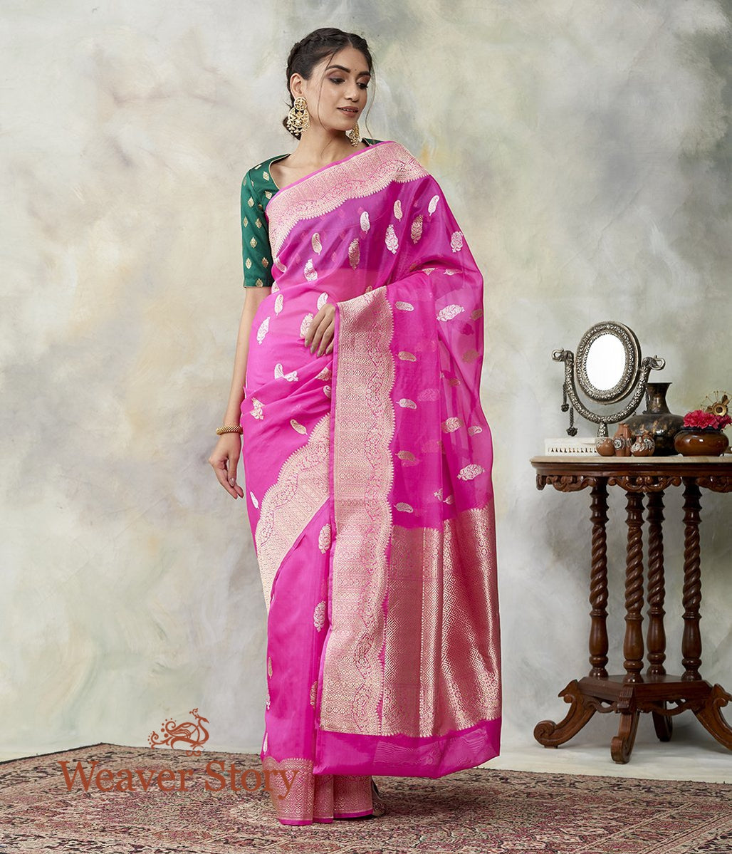 Handloom_Pink_Kora_Silk_Banarasi_Saree_with_Gold_and_Silver_Zari_Booti_WeaverStory_02