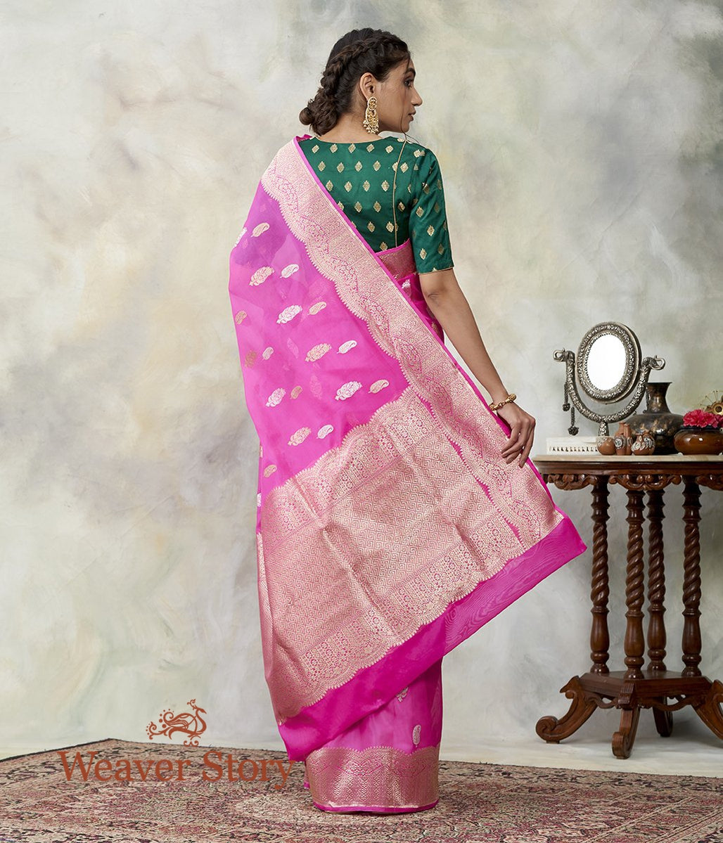 Handloom_Pink_Kora_Silk_Banarasi_Saree_with_Gold_and_Silver_Zari_Booti_WeaverStory_03