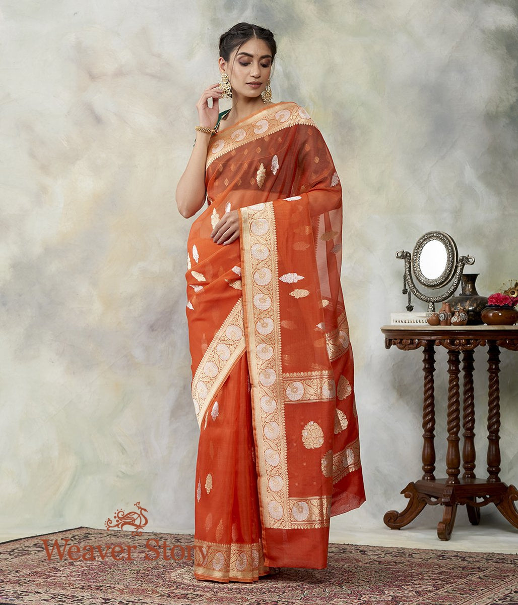 Handloom_Burnt_Orange_Kora_Silk_Banarasi_Saree_with_Kadhwa_Booti_WeaverStory_02