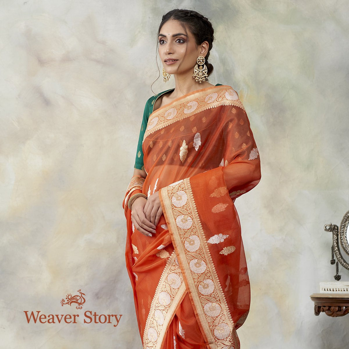 Handloom_Burnt_Orange_Kora_Silk_Banarasi_Saree_with_Kadhwa_Booti_WeaverStory_01