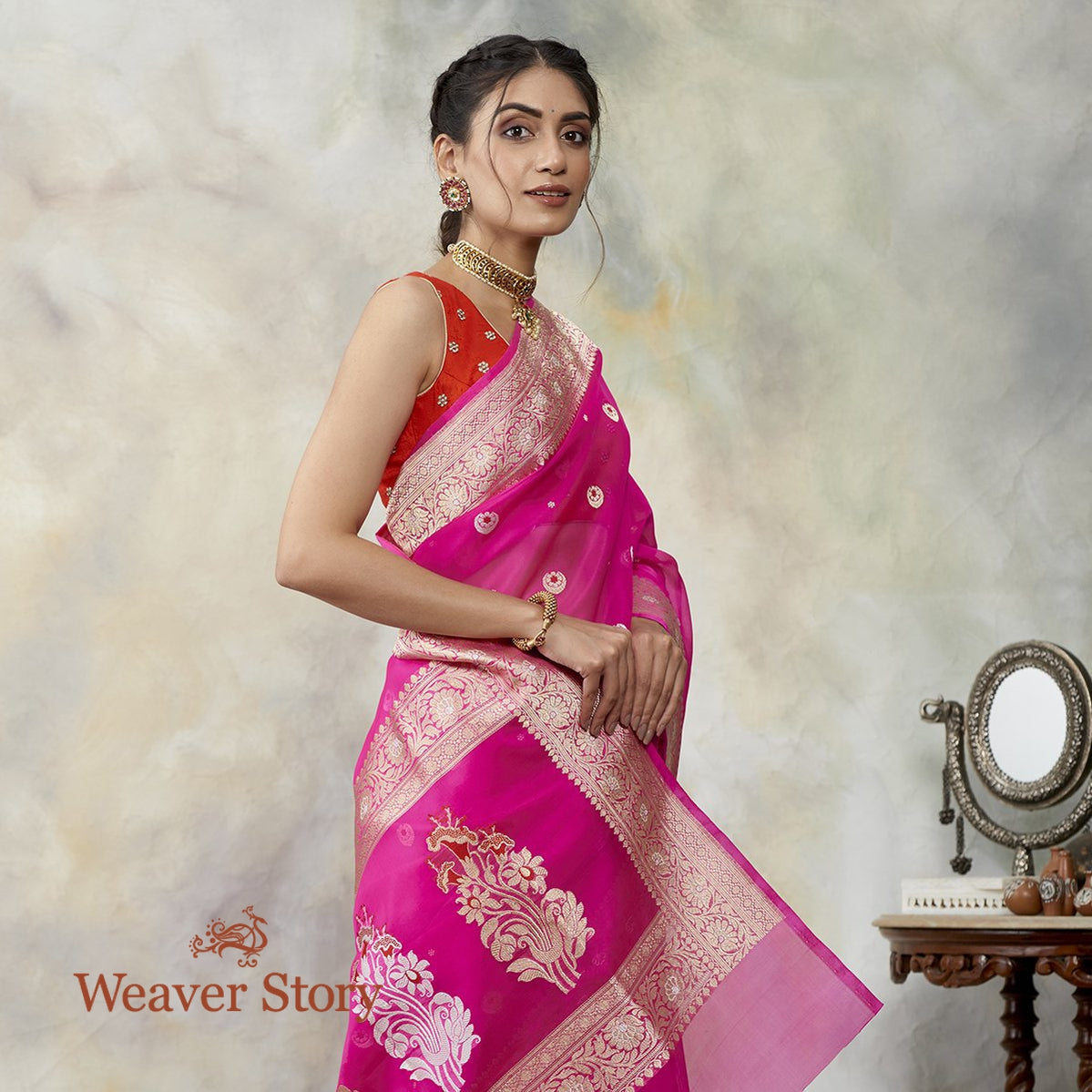 Handwoven_Hot_Pink_Kora_Silk_Banarasi_with_Kadhwa_Booti_WeaverStory_01