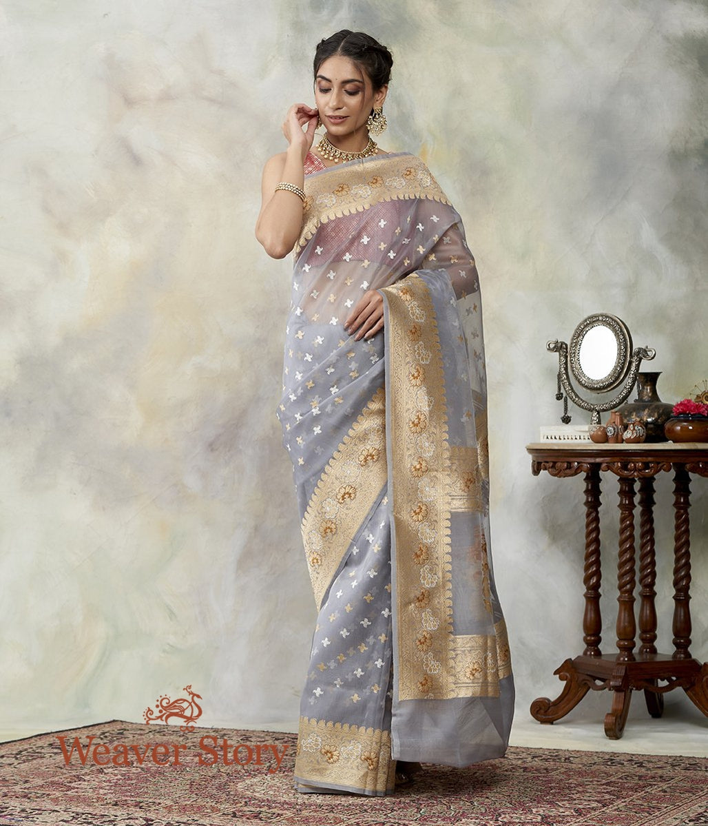 Light_Grey_Kora_Silk_Handloom_Saree_with_Kadhwa_Booti_WeaverStory_02