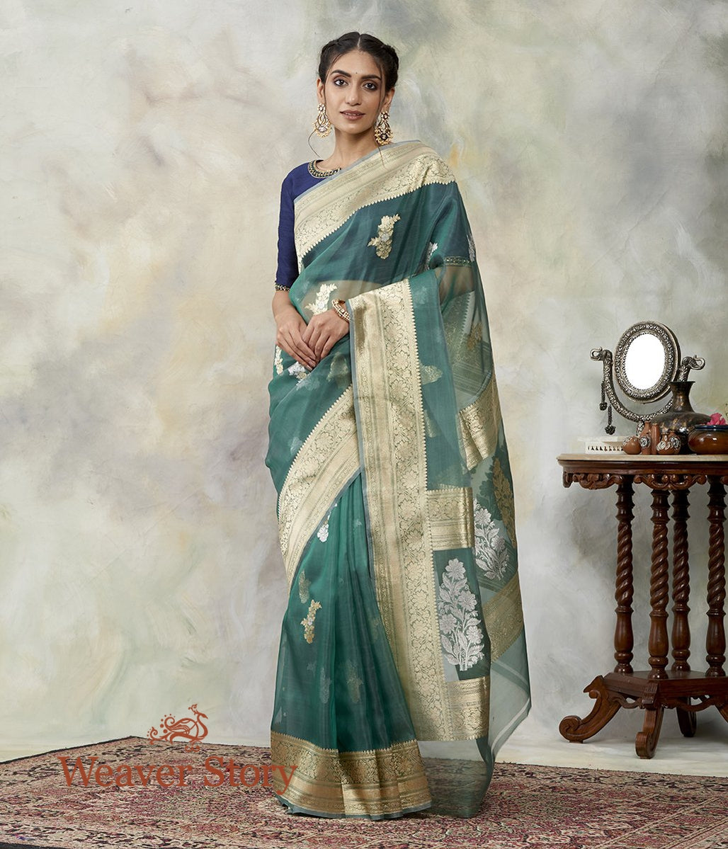 Handwoven_Teal_Green_Kora_Silk_Banarasi_Saree_WeaverStory_02