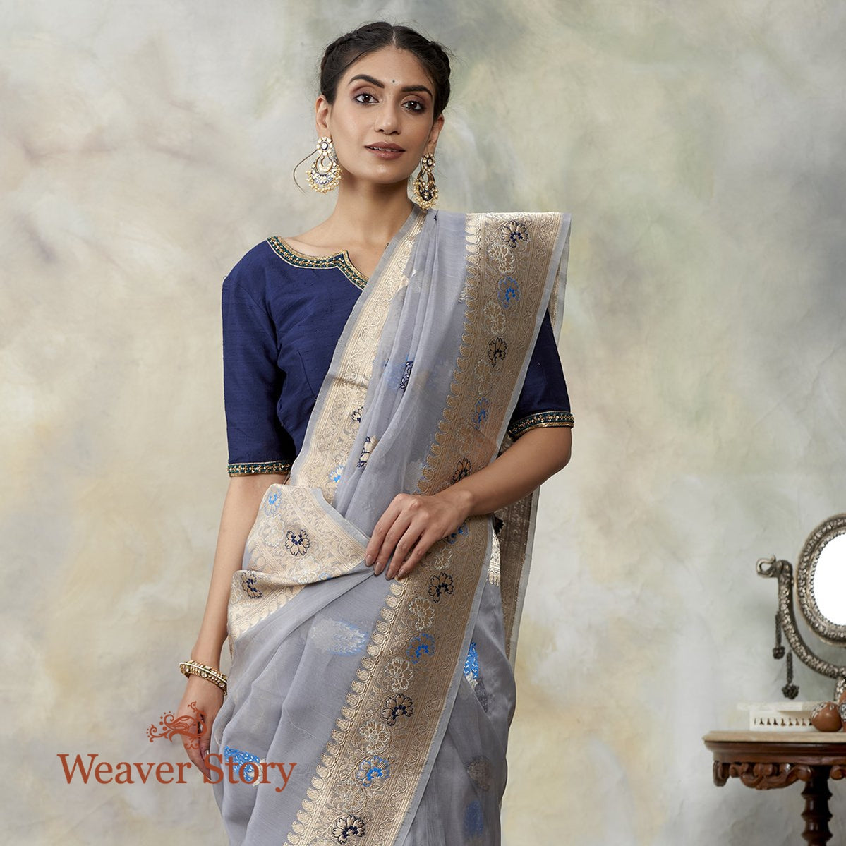 Grey_Kora_Silk_Handloom_Saree_with_Meenakari_Kadhwa_Booti_WeaverStory_01