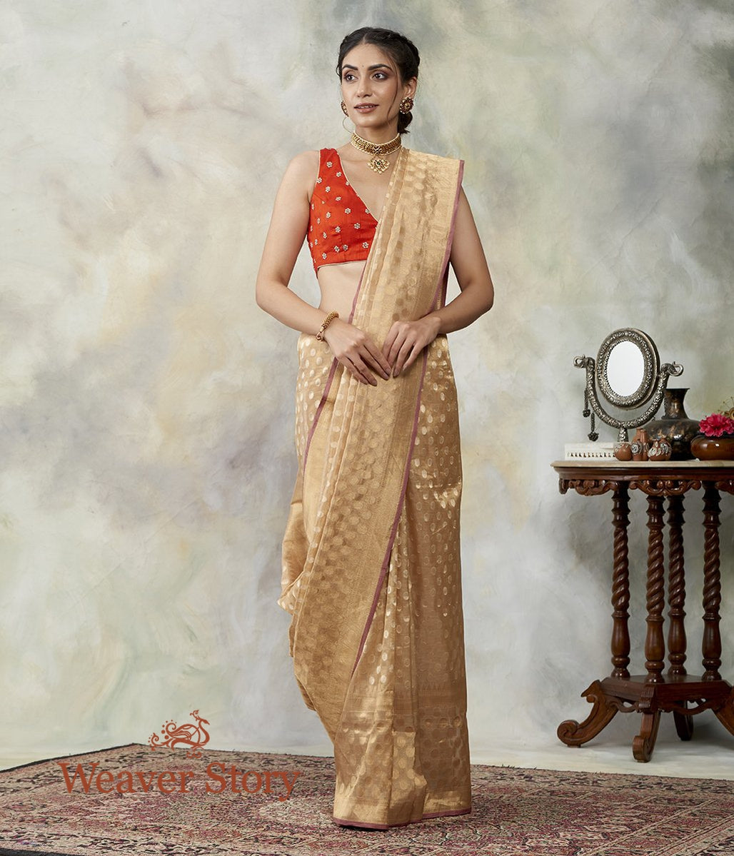 Handwoven_Beige_and_Gold_Cotton_Tissue_Banarasi_with_Zari_Polka_Bootas_WeaverStory_02