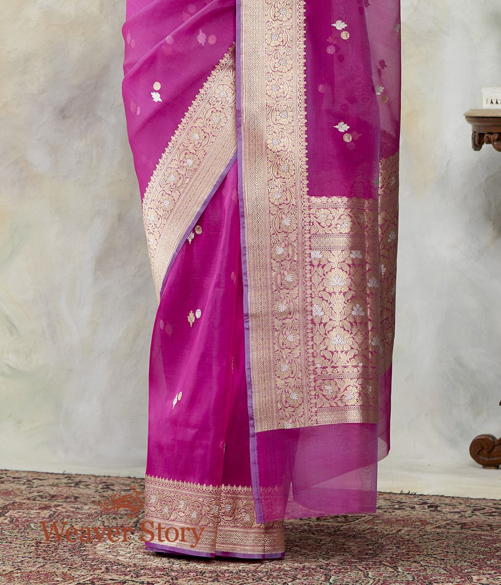 Handwoven_Pink_Kora_Silk_Banarasi_Saree_with_Gold_and_Silver_Zari_Woven_Leaves_WeaverStory_02