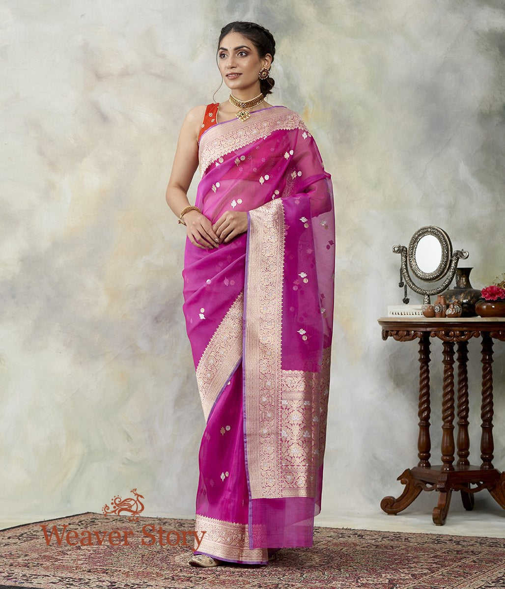 Handwoven_Pink_Kora_Silk_Banarasi_Saree_with_Gold_and_Silver_Zari_Woven_Leaves_WeaverStory_03