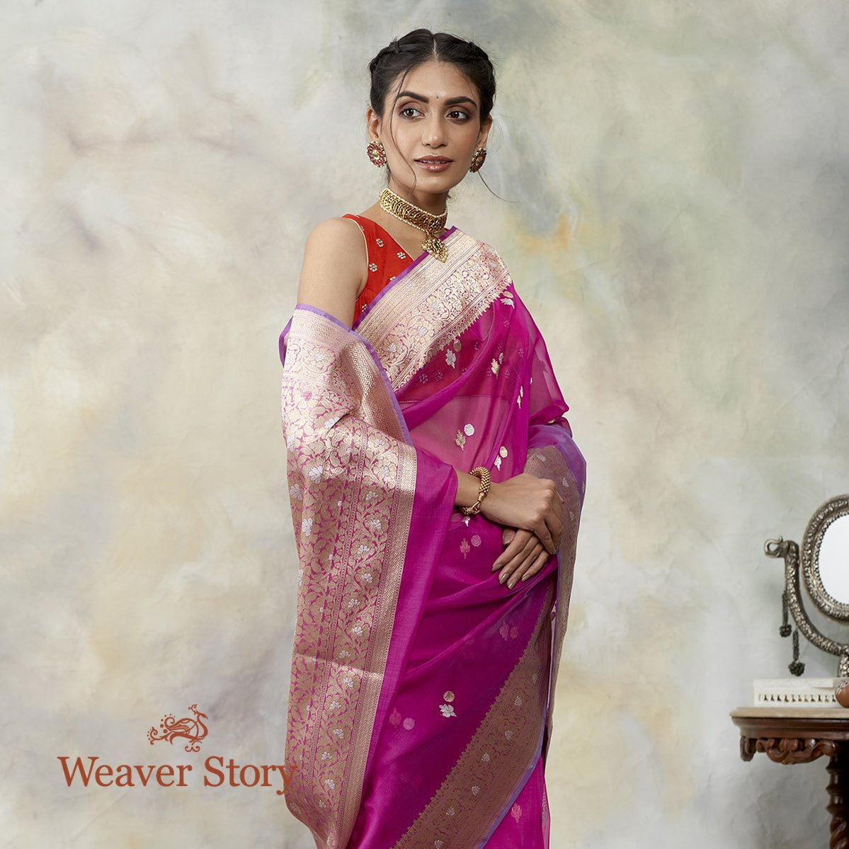 Handwoven_Pink_Kora_Silk_Banarasi_Saree_with_Gold_and_Silver_Zari_Woven_Leaves_WeaverStory_01