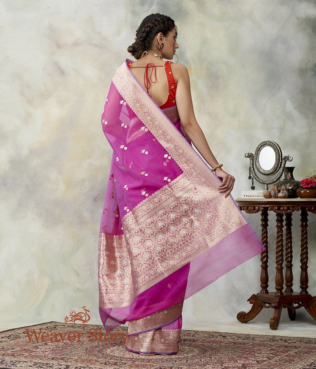 Handwoven_Pink_Kora_Silk_Banarasi_Saree_with_Gold_and_Silver_Zari_Woven_Leaves_WeaverStory_04