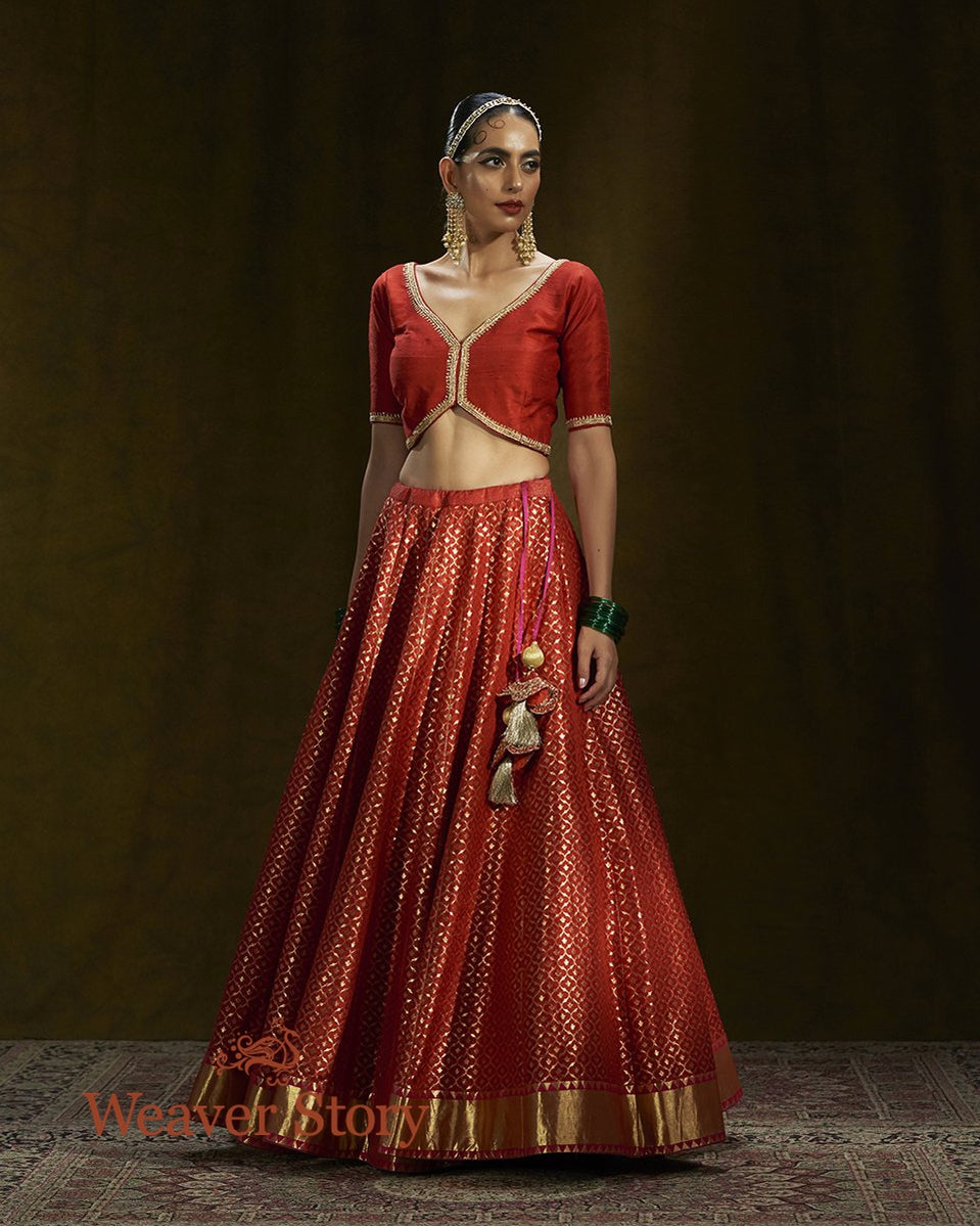 Red_Banarasi_Handloom_Lehenga_with_Gold_Zari_and_Organza_Dupatta_WeaverStory_03