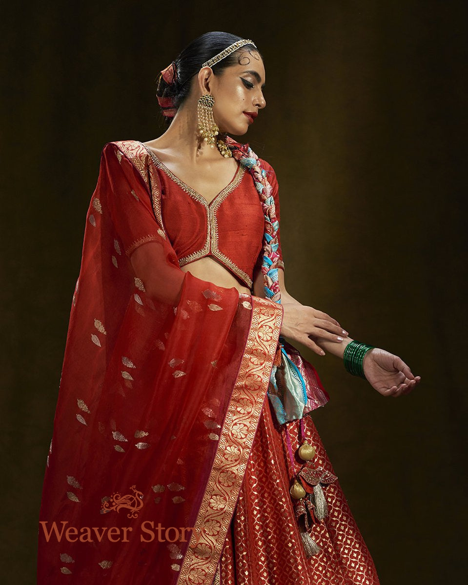 Red_Banarasi_Handloom_Lehenga_with_Gold_Zari_and_Organza_Dupatta_WeaverStory_02