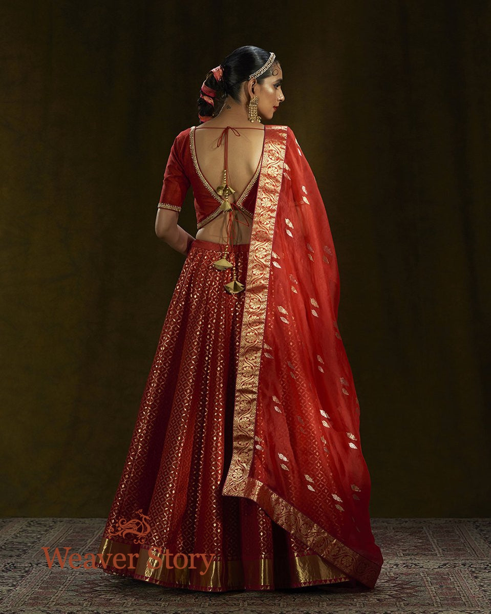 Red_Banarasi_Handloom_Lehenga_with_Gold_Zari_and_Organza_Dupatta_WeaverStory_04