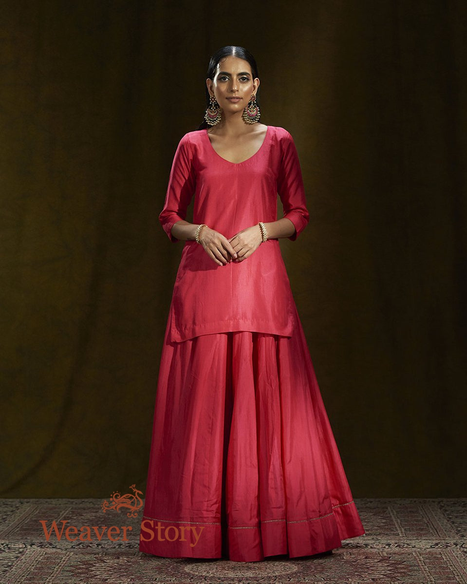 Hot_Pink_Mulberry_Silk_Short_Kurta_and_Lehenga_Set_with_Organza_Mughal_Embroidery_Dupatta_WeaverStory_03