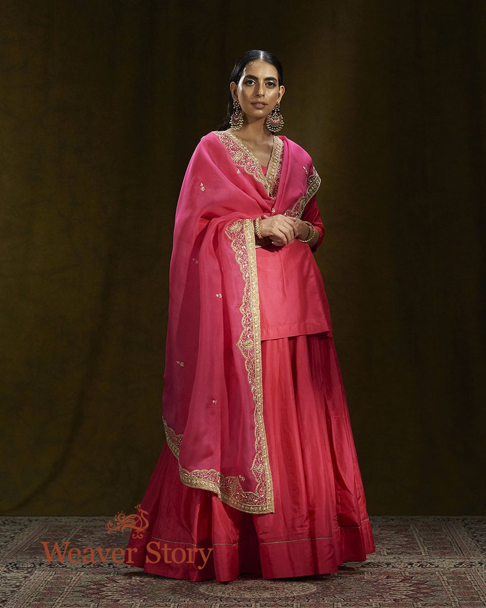Hot_Pink_Mulberry_Silk_Short_Kurta_and_Lehenga_Set_with_Organza_Mughal_Embroidery_Dupatta_WeaverStory_01