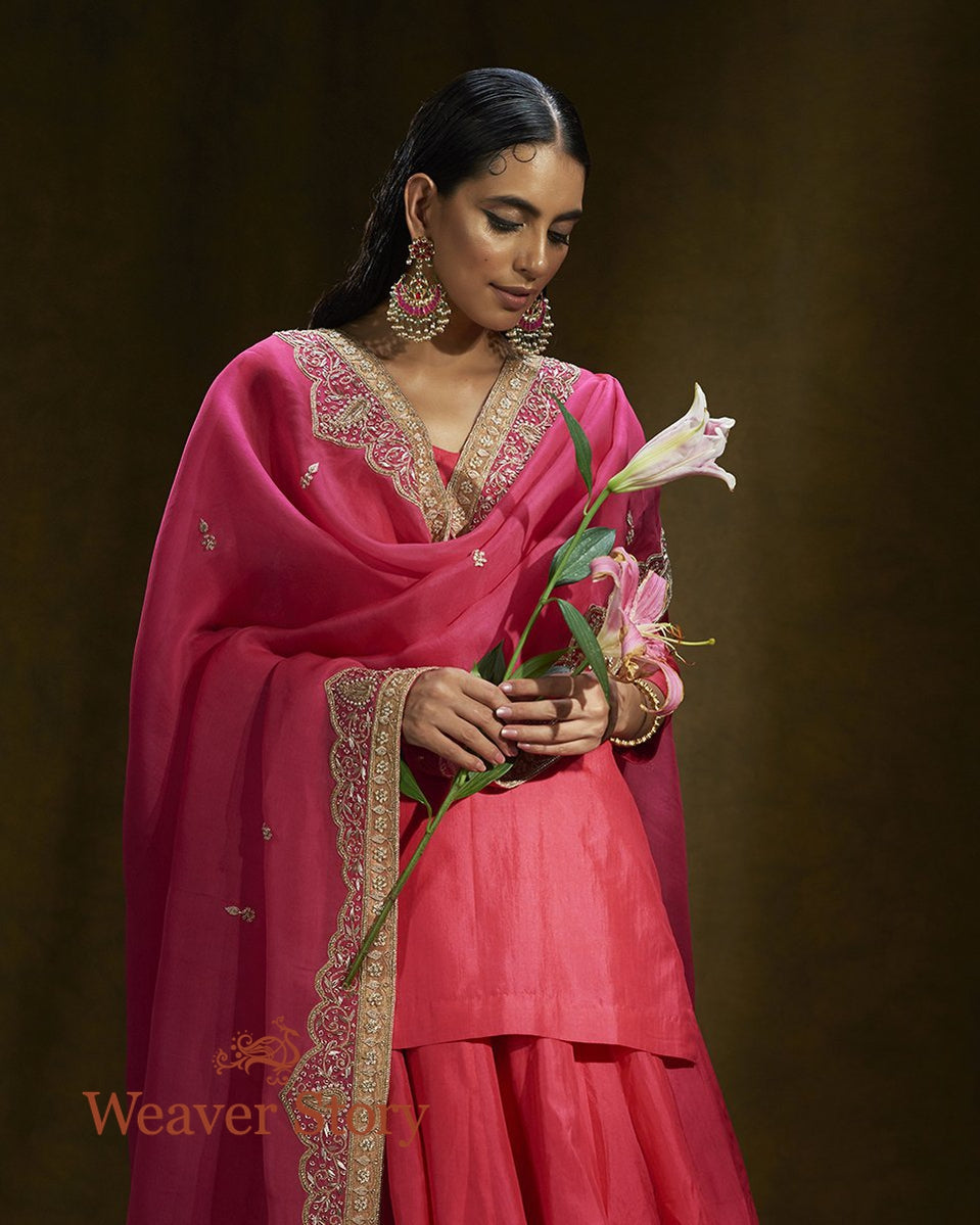Hot_Pink_Mulberry_Silk_Short_Kurta_and_Lehenga_Set_with_Organza_Mughal_Embroidery_Dupatta_WeaverStory_02