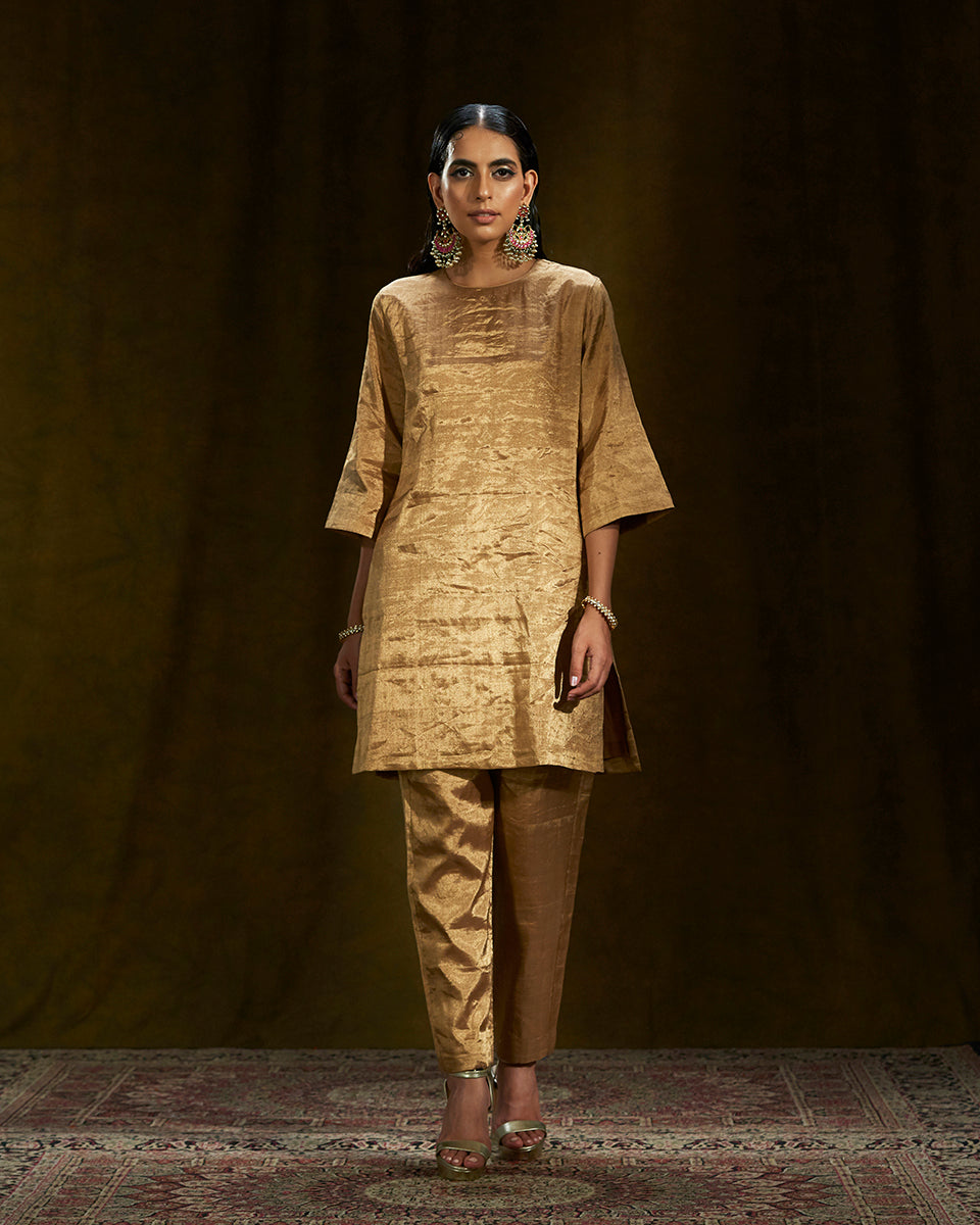 Gold_Silk_Tissue_Short_Kurta_and_Pants_WeaverStory_01