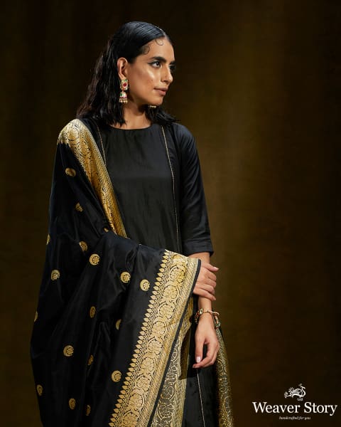 Black_Pure_Silk_Gherdaar_Kurta_with_Pants_and_Black_Kadhua_Weave_Dupatta_WeaverStory_02