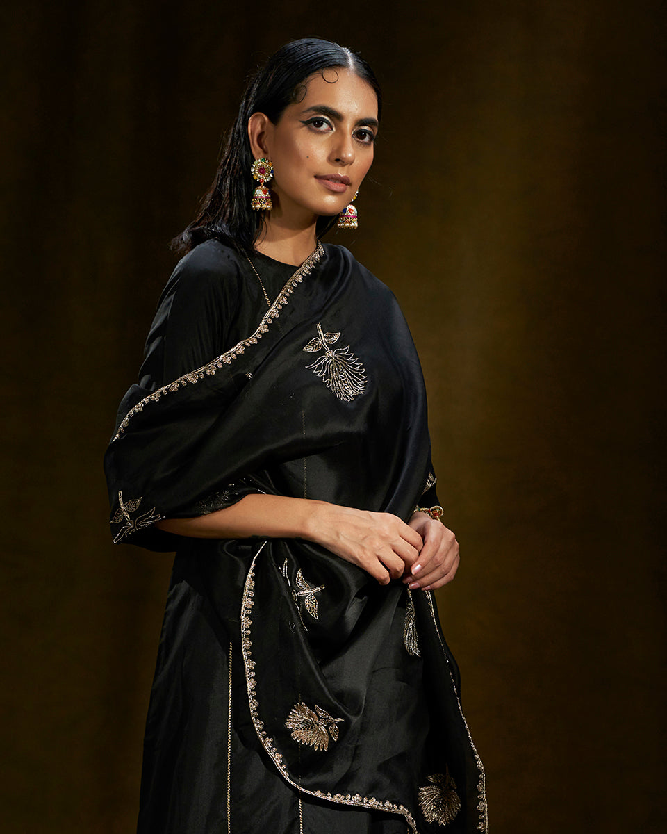Black_Pure_Silk_Gherdaar_Kurta_with_Pants_and_Black_Organza_Dupatta_WeaverStory_01