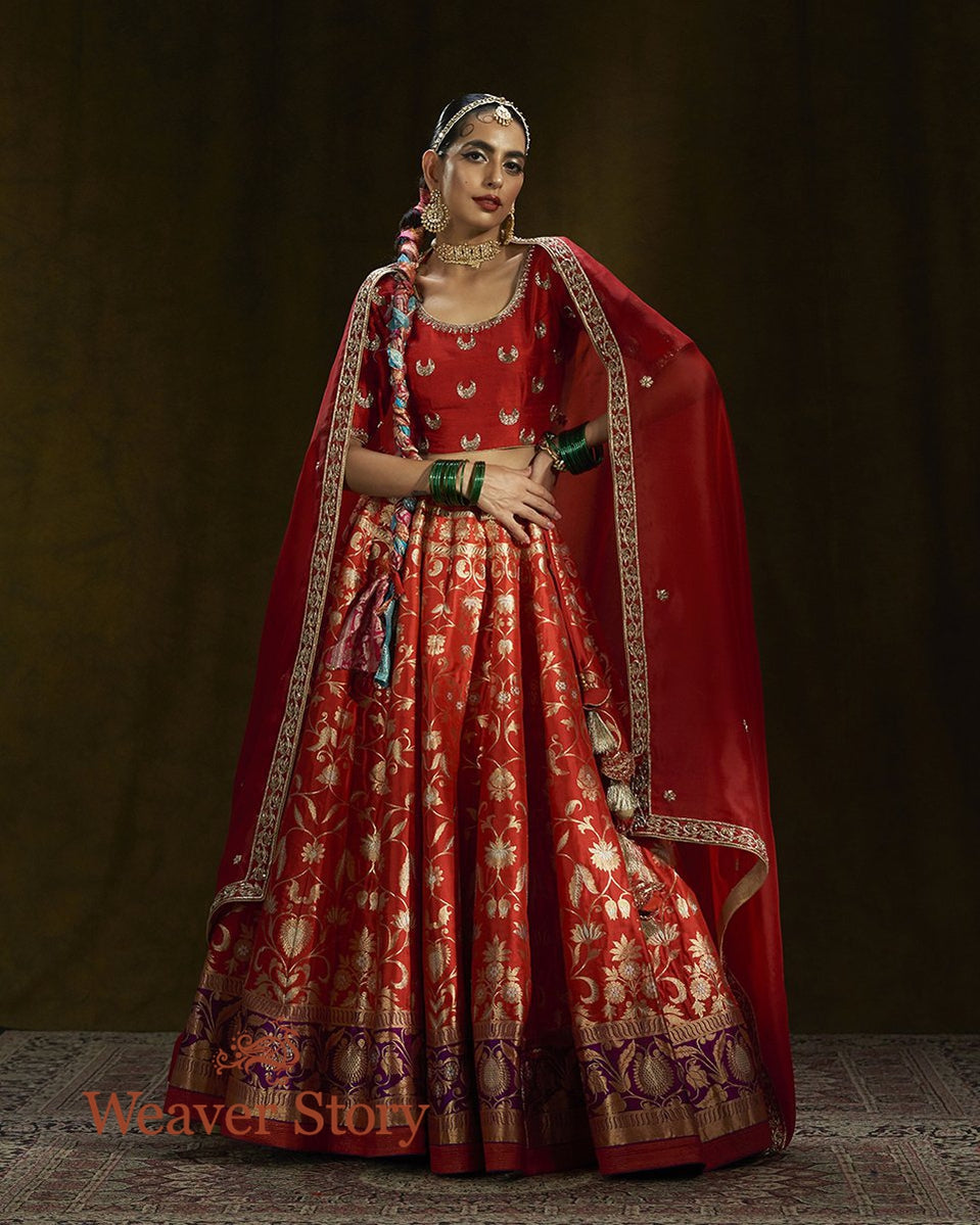 Red_Banarasi_Handloom_Lehenga_with_a_Purple_Meenakari_Border_WeaverStory_02