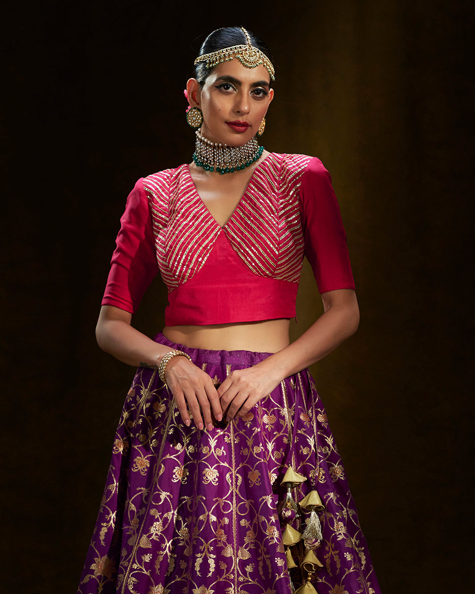Purple_Handloom_Banarasi_Lehenga_with_Meenakari_and_Pink_Gota_Work_Blouse_WeaverStory_05