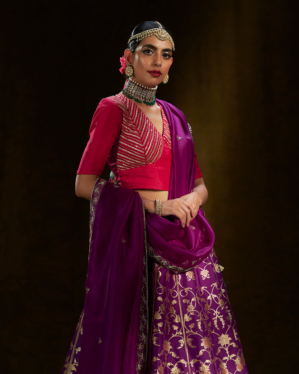 Purple_Handloom_Banarasi_Lehenga_with_Meenakari_and_Pink_Gota_Work_Blouse_WeaverStory_02