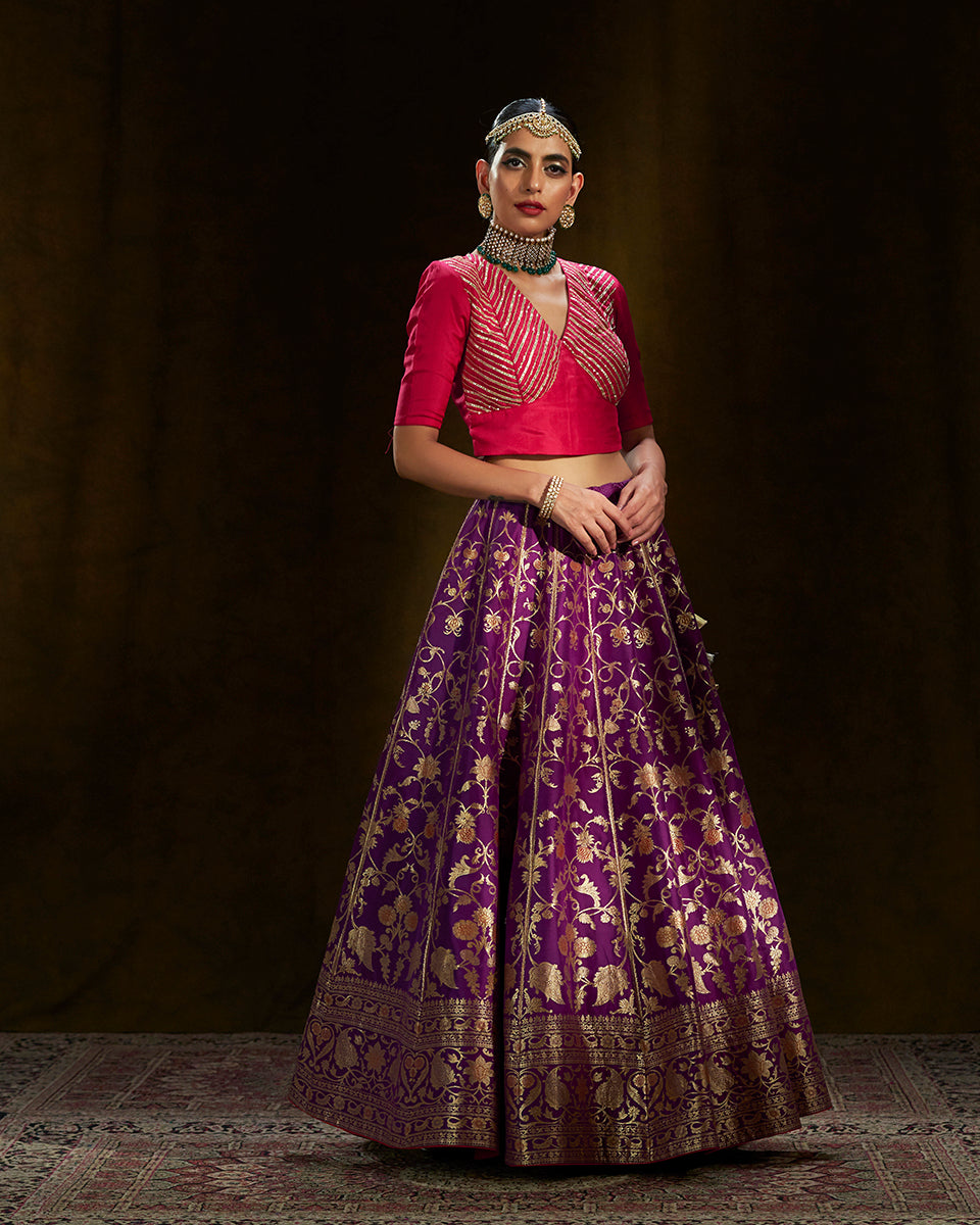 Purple_Handloom_Banarasi_Lehenga_with_Meenakari_and_Pink_Gota_Work_Blouse_WeaverStory_06