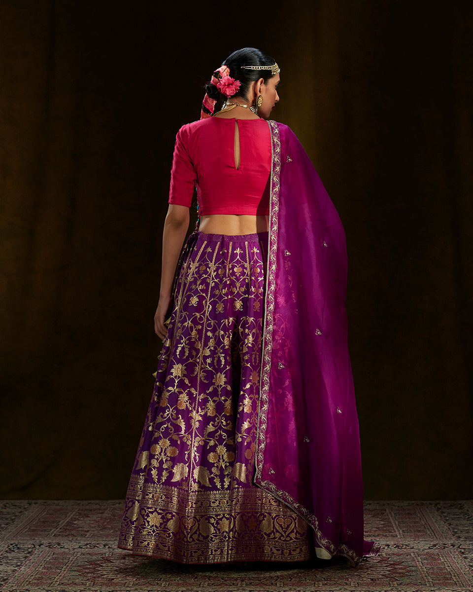 Purple_Handloom_Banarasi_Lehenga_with_Meenakari_and_Pink_Gota_Work_Blouse_WeaverStory_03