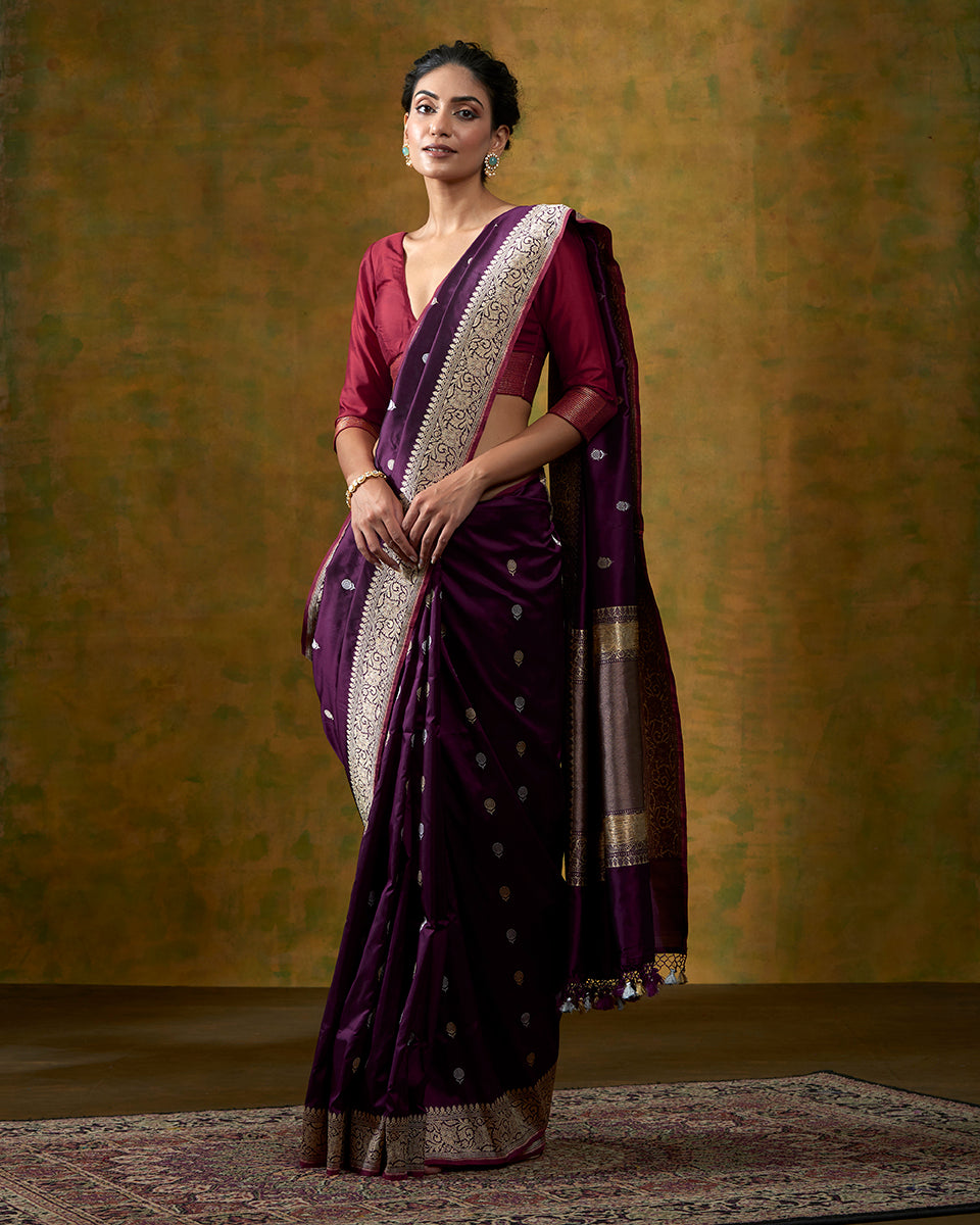 Plum_Color_Banarasi_Handloom_Saree_with_Kadhwa_Meenakari_Booti_and_Pomegranate_Red_Selvedge_WeaverStory_02