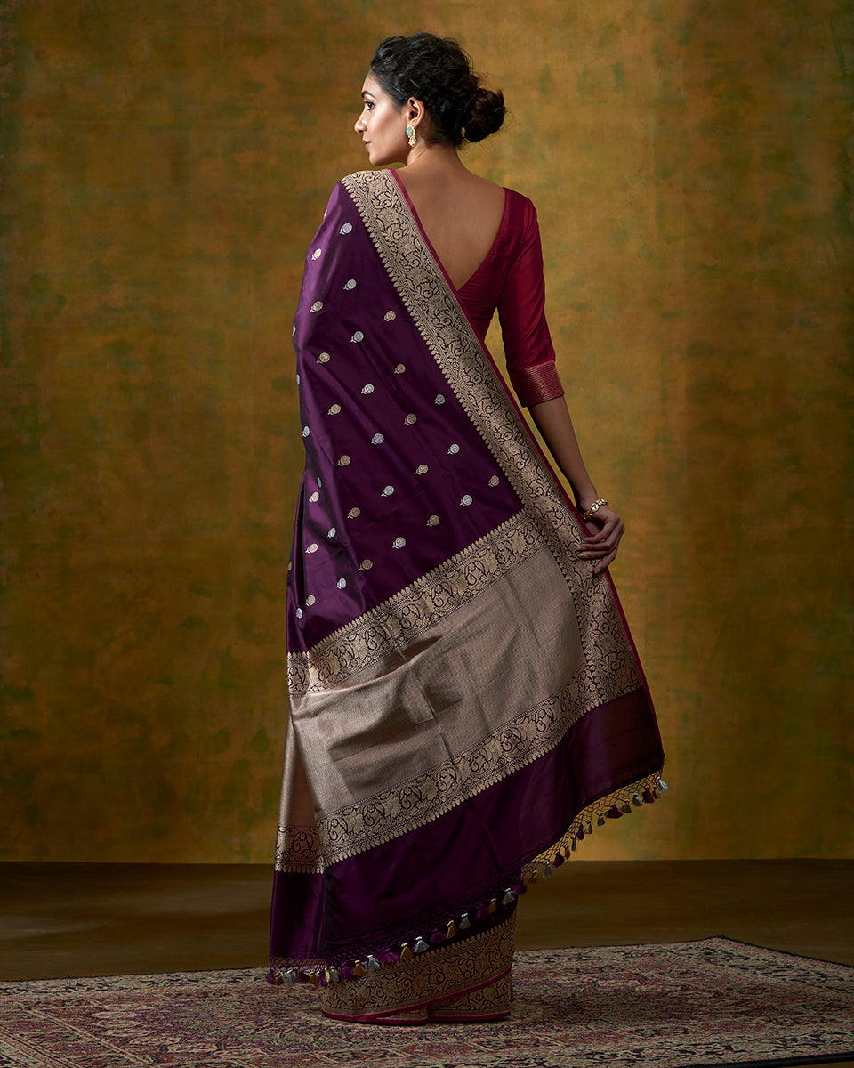 Plum_Color_Banarasi_Handloom_Saree_with_Kadhwa_Meenakari_Booti_and_Pomegranate_Red_Selvedge_WeaverStory_03