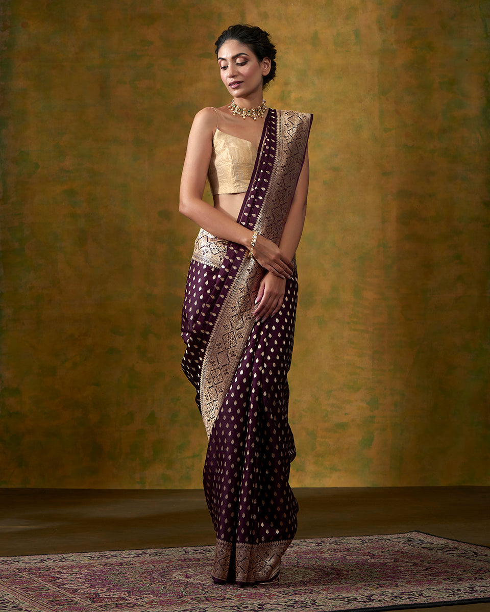 Wine_Handloom_Pure_Satin_Silk_Banarasi_Saree_with_Vintage_Floral_Border_WeaverStory_02