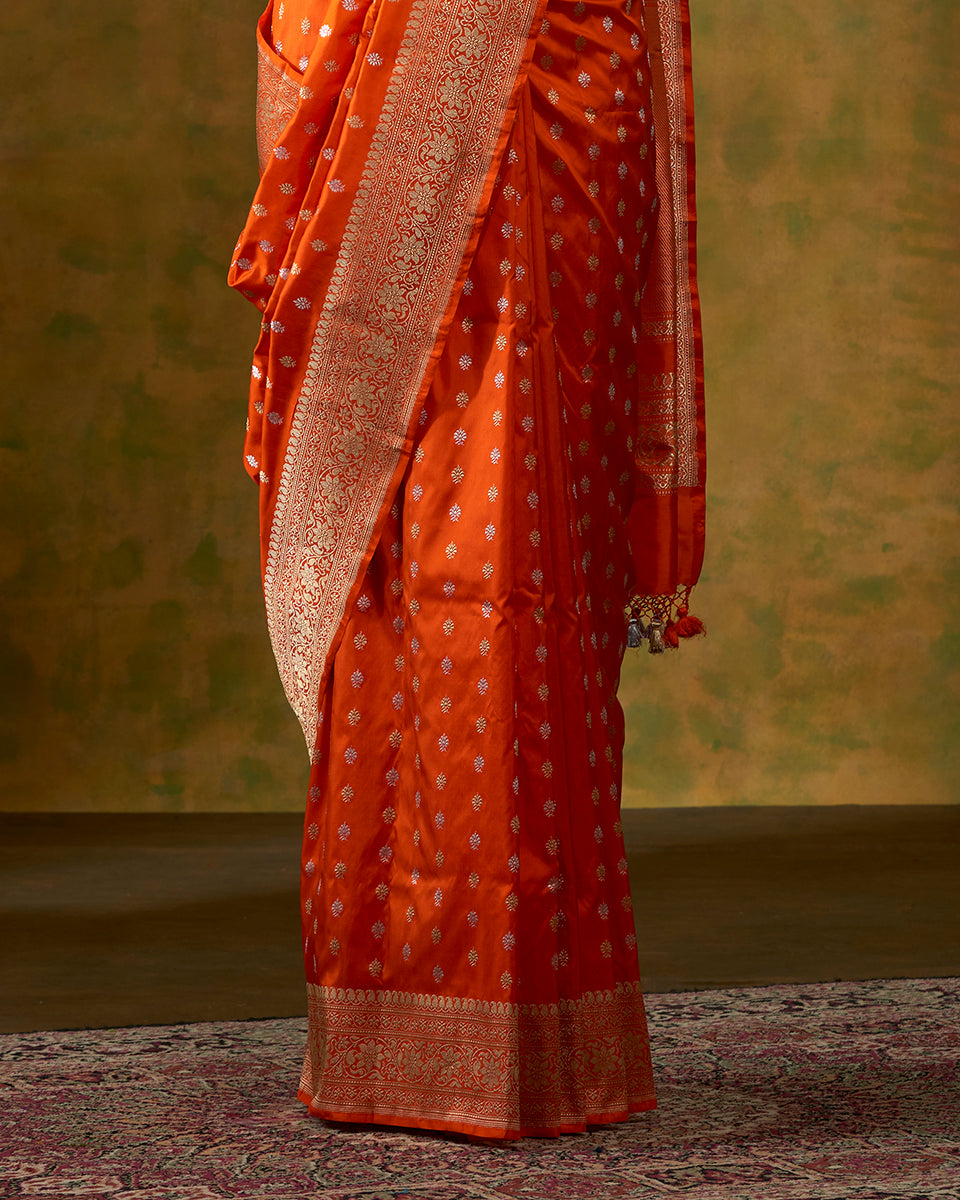 Blood_Orange_Banarasi_Handloom_Saree_with_Kadhwa_Floral_Border_and_Gold_and_Silver_Zari_Booti_WeaverStory_03